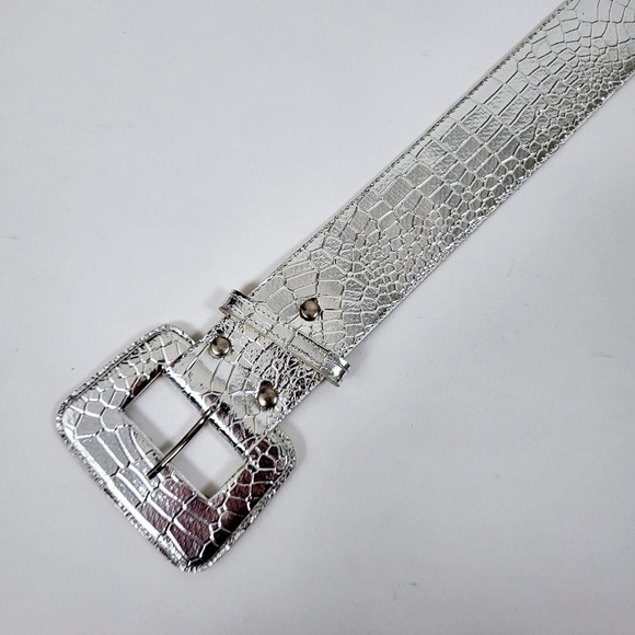 80's faux croc silver wide belt metallic thick shiny - Picture 2 of 9